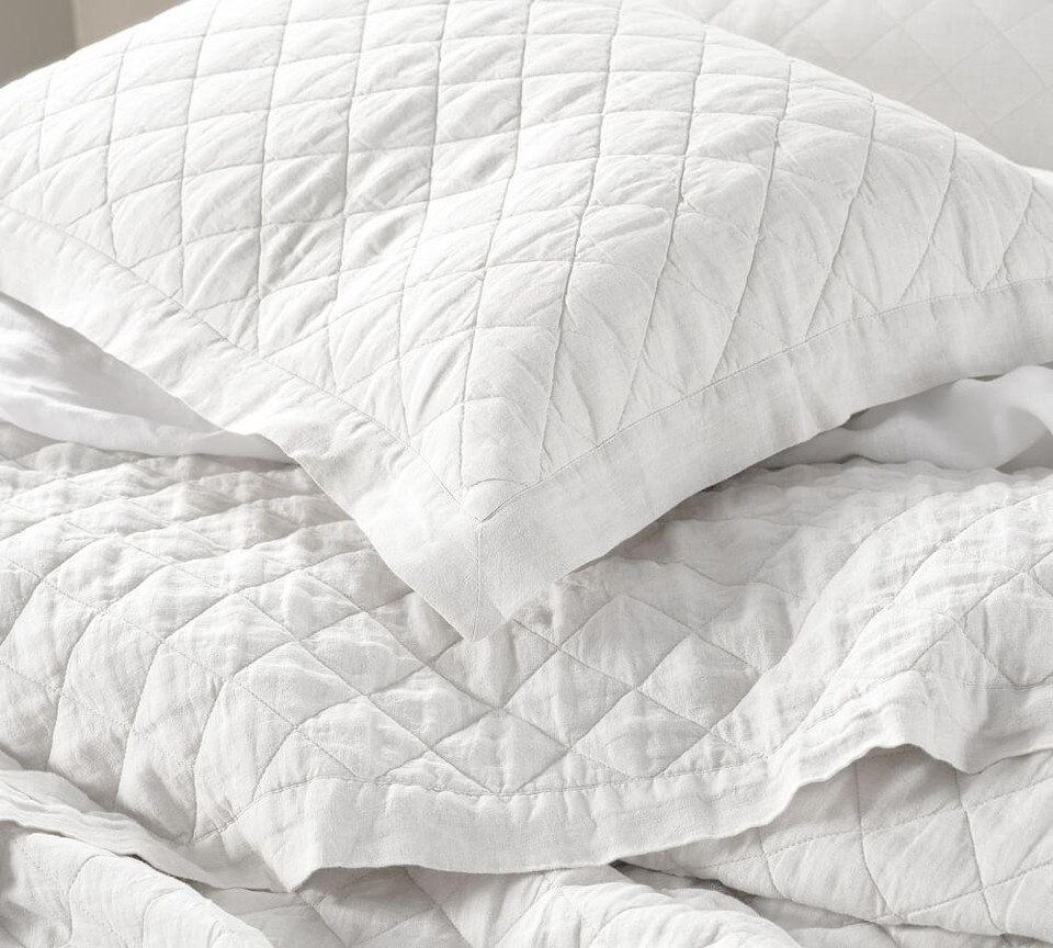 Belgian Flax Linen Diamond Coverlet & Pillowcases White Pottery